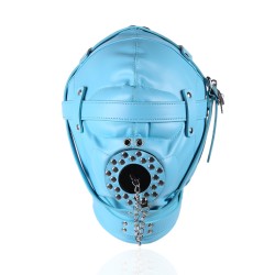 sensory deprivation hood with open mouth gag blue